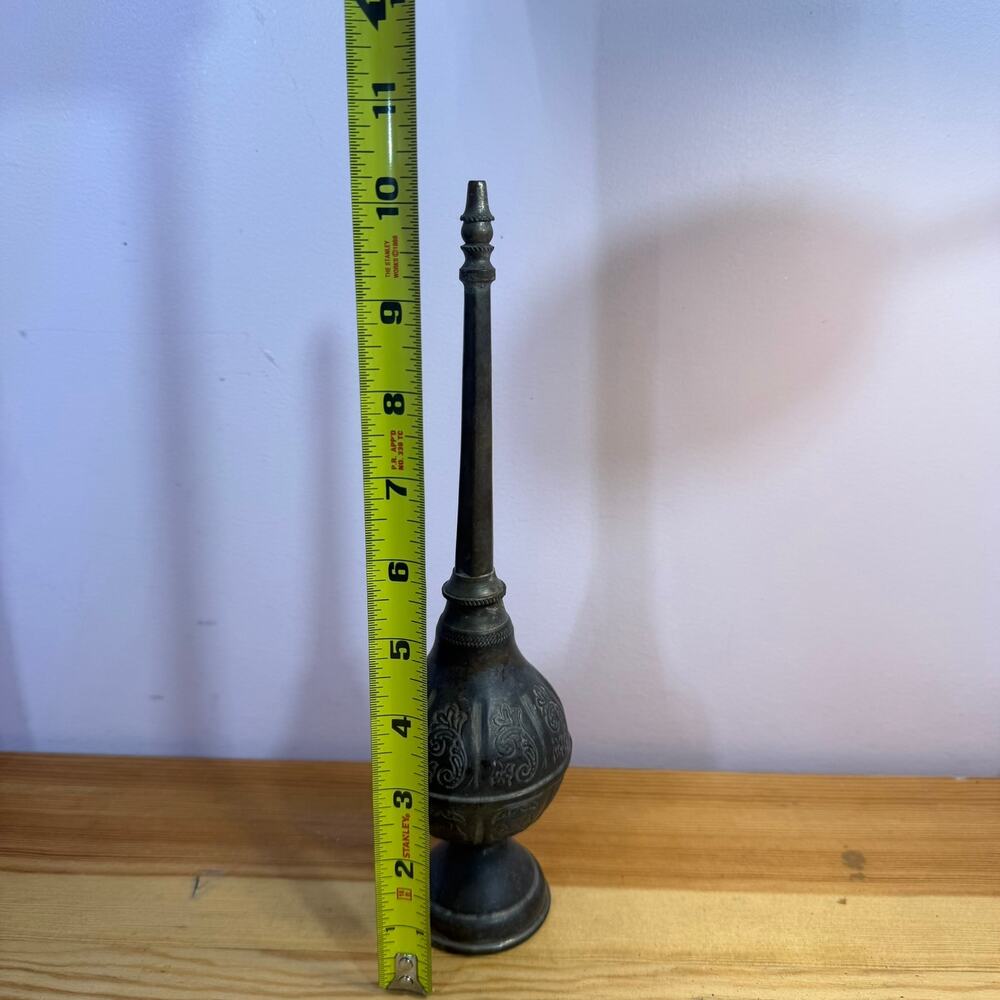 Vintage Indian Brass Rose Water Sprinkler Gulab Pash Engraved 10"